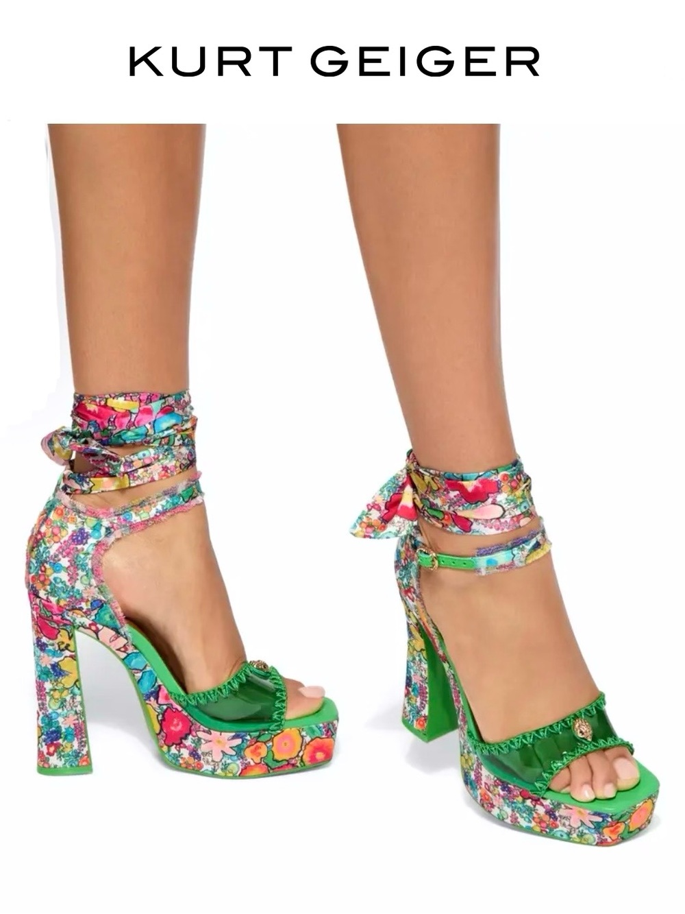 Kurt Geiger TIE ANKLE SCARF PLATFORM HEEL Pink Multi Embellished Block Sandal